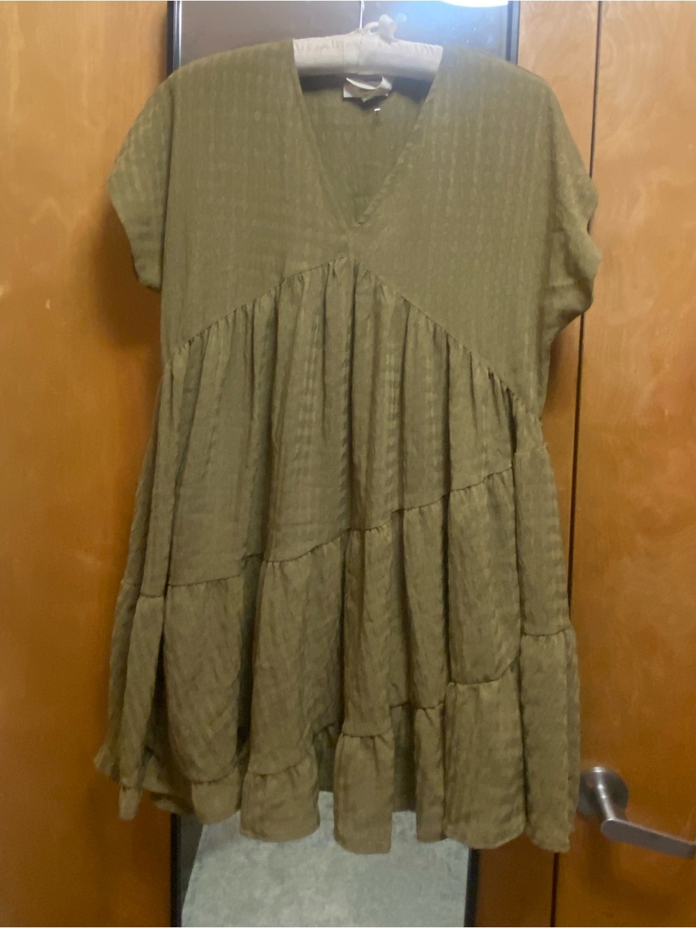 Womens Olive Tiered V-Neck Short Sleeve Baby Doll Dress